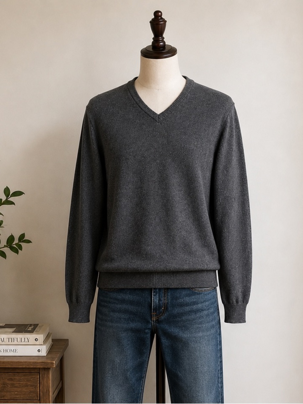 100% Merino Wool Calvin Klein V-Neck Sweater Charcoal Gray Quiet Luxury Size L